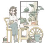  1girl book book_stack chair closed_mouth glasses hedgehog highres holding holding_magazine low_twintails magazine_(object) original plant potted_plant short_hair short_twintails sitting solo tameikirakuda twintails watering_can window 