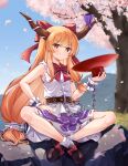  1girl blush bow brown_footwear brown_horns buttons chain cherry_blossoms closed_mouth cuffs cup day full_body hair_bow highres holding holding_cup horns ibuki_suika long_hair looking_at_viewer murasaki_atsushi orange_eyes orange_hair outdoors petals print_skirt purple_skirt red_bow sakazuki shirt shoes sitting skirt smile socks solo torn_clothes torn_sleeves touhou white_shirt white_socks 