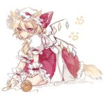  1girl animal_ears blonde_hair blush cat_ears cat_girl cat_tail flandre_scarlet frills hat mob_cap paw_print puffy_short_sleeves puffy_sleeves red_eyes red_ribbon ribbon short_sleeves side_ponytail simple_background solo sorani_(kaeru0768) tail touhou white_background wrist_cuffs 