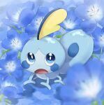  animal_focus blue_eyes blue_flower blue_skin colored_skin commentary_request flower highres no_humans open_mouth pleading_eyes pokemon pokemon_(creature) sobble suimin_ap_(aroniumu) tail 