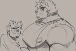 2021 absurd_res anthro barazoku big_pecs brown_background canid canine canis clothed clothing digital_media_(artwork) domestic_dog duo eyewear glasses hi_res huge_pecs looking_at_another male mammal melaisen muscular muscular_anthro muscular_male pecs simple_background sketch