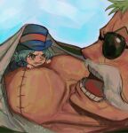  1boy 1girl blue_eyes blue_hat blue_jacket english_commentary fake_facial_hair fake_mustache green_hair hat highres jacket looking_at_another lying_on_person m0kaccinoh one_piece open_mouth roronoa_zoro scar scar_across_eye scar_on_chest signature sky sunglasses v-shaped_eyebrows wicca 