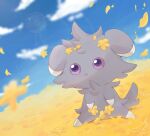  animal_focus blue_sky cloud commentary_request espurr falling_leaves grey_fur highres leaf lens_flare no_humans on_grass open_mouth outdoors pokemon pokemon_(creature) purple_eyes sitting sky suimin_ap_(aroniumu) tail 