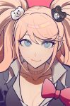  1girl bear_hair_ornament black_shirt blonde_hair blue_eyes bow bowknot_huhu breasts cleavage collared_shirt commentary_request danganronpa:_trigger_happy_havoc danganronpa_(series) enoshima_junko hair_ornament large_breasts looking_at_viewer portrait red_bow shirt sidelocks sketch solo twintails 