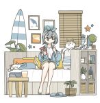  1girl barefoot cat coffee_table collarbone couch grey_hair highres indoors long_sleeves original plant potted_plant shelf short_hair sitting solo table tameikirakuda 