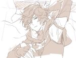  1boy ahoge armor artist_name bed_sheet breastplate brown_hair clenched_teeth commentary_request curtains fingerless_gloves from_above gloves granblue_fantasy hair_between_eyes hand_on_own_head hood hood_down looking_at_viewer male_focus messy_hair on_bed one_eye_closed pota_(bluegutty) sandalphon_(granblue_fantasy) signature sketch solo squiggle teeth turtleneck twitter_username unfinished waking_up window 