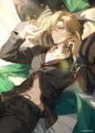  1boy aventurine_(honkai:_star_rail) bed black_pajamas blonde_hair cellphone collarbone hair_between_eyes highres holding holding_phone honkai:_star_rail honkai_(series) indoors long_sleeves lying male_focus midriff midriff_peek multicolored_eyes navel neck_tattoo official_art on_back on_bed one_eye_closed pajamas phone pillow purple_eyes short_hair smartphone solo sunlight tattoo 