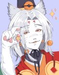 1boy animal black_hat claws colored_tongue drawfag earrings ebisu_(onmyoji) facial_mark fangs furry furry_male hair_bobbles hair_ornament highres holding japanese_clothes jewelry looking_at_viewer male_focus nostrils onmyoji orange_eyes orange_tongue pawpads portrait purple_background sparkle whisker_markings 