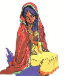  1980s_(style) 1girl bindi cloak dark_skin dress gundam hood hooded_cloak indian_clothes jewelry key_visual lalah_sune lips looking_at_viewer mikimoto_haruhiko mobile_suit_gundam necklace official_art production_art promotional_art retro_artstyle scan sitting smirk traditional_media 