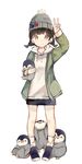  animal bird black_hair blush grey_hat highres holding holding_animal looking_at_viewer original penguin sencha_(senta_10) short_hair smile v yellow_eyes 