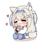  1girl :3 =_= animal_ears bandaid bandaid_hair_ornament belt blue_belt blue_footwear blue_hair blue_hairband blush_stickers character_doll chibi closed_eyes closed_mouth colored_inner_animal_ears commentary dog_ears dog_girl dog_tail doll dress fake_horns fishnet_socks fishnets fluff fuwawa_abyssgard fuwawa_abyssgard_(1st_costume) hair_ornament hairband hairclip heart highres holding holding_doll hololive hololive_english horns hugging_doll hugging_object light_brown_hair long_hair long_sleeves mococo_abyssgard multicolored_hair shoes simple_background single_sock sitting socks solo streaked_hair symbol-only_commentary tail tomoyo619 two_side_up virtual_youtuber white_background white_dress 