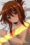  ar_(lover_boy) bangs blush breasts brown_eyes brown_hair closed_mouth collarbone commentary_request folded_ponytail highres inazuma_(kantai_collection) kantai_collection looking_at_viewer medium_breasts nude older on_bed smile solo sunlight under_covers 