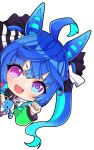  1girl @_@ airi_(akamichiaika) animal_ears blue_eyes blue_hair blush chibi heterochromia highres horse_ears horse_girl long_hair long_sleeves looking_at_viewer open_mouth pink_eyes pointing pointing_at_self sharp_teeth smile solo teeth twin_turbo_(umamusume) twintails umamusume upper_body upper_teeth_only 