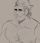 absurd_res anthro barazoku black_eyebrows brown_background bust_portrait ear_piercing eyebrows hair hi_res horn horned_humanoid humanoid male melaisen mohawk nipples open_mouth orc piercing portrait simple_background sketch solo