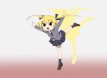  1girl :3 :d arms_up azumanga_daioh black_eyes black_necktie black_ribbon black_skirt blonde_hair blush buttons company_connection double-breasted fake_sonya_(kill_me_baby) gradient_background grey_jacket hair_ribbon j.c._staff jacket jumping kill_me_baby long_hair necktie open_mouth parody pleated_skirt ribbon shadow skirt smile solo soramimi_cake twintails wing_collar yachima_tana 