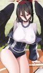  1girl absurdres artist_name black_buruma black_hair black_wings blue_archive blush breasts buruma closed_mouth cowboy_shot feathered_wings gym_shirt halo hasumi_(blue_archive) hasumi_(track)_(blue_archive) highres jacket kana_yukino large_breasts long_hair long_sleeves long_torso mole mole_under_eye official_alternate_costume patreon_username ponytail red_eyes red_halo shirt sitting solo track_jacket very_long_hair white_shirt wings 