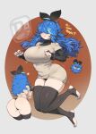  1girl ass black_thighhighs blue_hair blue_nails breasts closed_mouth dif_(difman) difman hair_over_eyes highres large_breasts long_hair messy_hair original solo stirrup_legwear thick_thighs thighhighs thighs toeless_legwear 