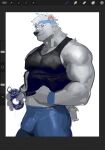  1boy art_program_in_frame bandaid bandaid_on_face bandaid_on_nose bara bear_boy ben_(rollingstonex6) black_tank_top borrowed_character bulge from_side furry furry_male headband large_pectorals lifted_by_self male_focus mature_male muscular muscular_male original pectorals powerlesssong short_hair sidepec solo tank_top thick_eyebrows unfinished white_hair 