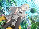  1girl arm_under_breasts black_bow black_bowtie bow bowtie breasts bug butterfly dress gekkou_(senran_kagura) green_eyes greenhouse grey_dress grey_hair hair_between_eyes hairband index_finger_raised large_breasts light_blush long_hair looking_at_viewer official_art one_eye_closed pantyhose plant school_uniform senran_kagura senran_kagura_new_link sitting smile solo torn_clothes torn_pantyhose tree yellow_hairband 