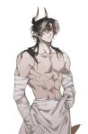 1boy abs arknights bandaged_arm bandages black_hair chong_yue_(arknights) commentary_request dragon_boy dragon_horns highres horns long_hair looking_at_viewer male_focus multicolored_hair muscular muscular_male nills pointy_ears red_eyes solo streaked_hair sweat topless towel white_background 