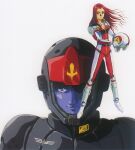  1980s_(style) 1boy 1girl bernard_wiseman boots breasts christina_mackenzie cleavage earth_federation_space_forces emblem gloves gundam gundam_0080 helmet highres insignia key_visual long_hair looking_at_viewer mikimoto_haruhiko official_art pilot pilot_suit production_art promotional_art red_hair retro_artstyle scan science_fiction spacesuit traditional_media unworn_headwear unworn_helmet upper_body white_background zeon 