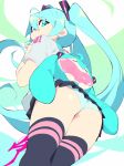  1girl absurdres aetherion aqua_eyes aqua_hair ass backpack bag bracelet character_bag earrings from_below hatsune_miku highres jewelry long_hair looking_at_viewer looking_back panties pantyshot shirt solo standing thighhighs twintails underwear upskirt vocaloid white_shirt 