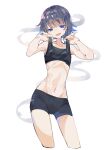 1girl absurdres black_shorts black_sports_bra blue_eyes borrowed_character commentary_request cowboy_shot flat_chest grey_hair highres looking_at_viewer open_mouth original short_hair short_shorts shorts smile smoke solo sports_bra uenomigi 