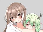  2girls antlers bare_shoulders biting_shoulder black_hair blush branch brown_eyes brown_hair ceres_fauna closed_eyes clothes_pull collarbone crossed_bangs green_eyes green_hair grey_background hair_between_eyes hair_ornament hairclip hairpin heart hickey highres hololive horns maimerudii multicolored_hair multiple_girls nanashi_mumei no_bra open_mouth shirt shirt_pull simple_background streaked_hair sweatdrop tree_horns virtual_youtuber white_hair white_shirt yuri 