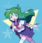  1girl ahoge ascot bag blue_background blue_skirt frog_hair_ornament green_eyes green_hair hair_ornament highres kochiya_sanae long_hair open_mouth puffy_short_sleeves puffy_sleeves red_ascot school_uniform shirt short_sleeves shoulder_bag skirt smile snake_hair_ornament solo star_(symbol) star_print thighhighs touhou white_shirt white_thighhighs yuki_oto 