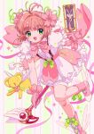  1girl absurdres bloomers boots bow brown_hair cardcaptor_sakura cherry_blossoms clow_card flower flower_skirt fuuin_no_tsue gloves green_eyes hair_flower hair_ornament highres kero_(cardcaptor_sakura) kinomoto_sakura kisumi_rei looking_at_viewer magical_girl multicolored_clothes open_mouth pink_gloves puffy_short_sleeves puffy_sleeves short_hair short_sleeves striped_background suspenders white_bloomers winged_footwear 