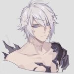  1boy ahoge armor artist_name blue_eyes collarbone commentary_request empty_eyes expressionless facing_viewer granblue_fantasy grey_background hair_between_eyes light_frown looking_at_viewer lucilius_(granblue_fantasy) male_focus messy_hair portrait pota_(bluegutty) scar scar_on_neck shoulder_armor shoulder_spikes signature single_bare_shoulder solo spikes stitched_neck stitches topless_male twitter_username white_hair 