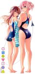  2girls adjusting_clothes adjusting_swimsuit ahoge barefoot black_one-piece_swimsuit blue_eyes blue_one-piece_swimsuit brown_eyes chiyoda_momo chuutaro_metal competition_swimsuit curled_horns demon_girl demon_horns demon_tail from_behind highres horns logo long_hair machikado_mazoku multiple_girls one-piece_swimsuit open_mouth pink_hair short_hair simple_background standing swimsuit tail white_background yoshida_yuuko_(machikado_mazoku) 