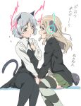  2girls animal_ears bird_tail black_pantyhose blonde_hair blush breasts cat_ears cat_girl cat_tail green_eyes grey_hair highres holding_hands long_hair looking_at_another luminous_witches military_uniform miniskirt multiple_girls open_mouth pantyhose sanya_v._litvyak short_hair simple_background skirt small_breasts strike_witches striped_clothes striped_thighhighs tail thighhighs umanosuke uniform virginia_robertson white_background wing_ears world_witches_series yuri 