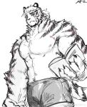  1boy absurdres animal_ears arknights artist_request bara book bulge cowboy_shot facial_hair furry furry_male goatee greyscale highres holding holding_book large_pectorals looking_at_viewer male_focus monochrome mountain_(arknights) muscular muscular_male nipples official_alternate_hairstyle pectorals scar scar_across_eye scar_on_arm short_hair shorts solo spot_color standing stomach thick_eyebrows tiger_boy tiger_ears topless_male white_hair 