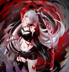  1girl absurdres acheron_(honkai:_star_rail) arm_up bare_shoulders black_choker black_shorts breasts choker cleavage commentary_request cowboy_shot detached_sleeves grey_hair halterneck highres holding holding_sword holding_weapon honkai:_star_rail honkai_(series) katana leg_tattoo long_hair long_sleeves looking_at_viewer medium_breasts midriff navel official_alternate_color qilunuo red_eyes scabbard sheath short_shorts shorts single_sleeve solo standing stomach sword tattoo very_long_hair weapon 