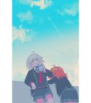  2girls ahoge aircraft airplane armrest black_choker black_jacket blazer blue_sky choker cloud collared_shirt contrail earrings fate/grand_order fate_(series) food from_behind fujimaru_ritsuka_(female) grey_skirt grey_sweater hair_ornament hair_scrunchie highres holding holding_food jacket jeanne_d&#039;arc_alter_(fate) jewelry lapels long_sleeves milk_carton multiple_girls necktie notched_lapels official_alternate_costume one_side_up oneroom-disco open_clothes open_jacket orange_hair outdoors pillarboxed pleated_skirt red_necktie school_uniform scrunchie shirt short_hair skirt sky stud_earrings sweater v-neck white_hair white_shirt yellow_eyes yellow_scrunchie 
