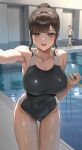  1boy 1girl anteiru ass_visible_through_thighs black_one-piece_swimsuit blush breasts brown_eyes brown_hair check_commentary cleavage collarbone commentary_request competition_swimsuit covered_navel fujisaki_honami hair_bun highres holding indoors large_breasts looking_at_viewer one-piece_swimsuit open_mouth original pool selfie short_hair sidelocks smile standing swimsuit teeth thighs upper_teeth_only water 