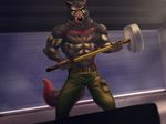  2017 abs anthro black_fur canine clothed clothing fur hammer male mammal marsel-defender muscular muscular_male pants pecs piercing solo standing tongue tongue_out tongue_piercing tools topless wolf yellow_eyes 