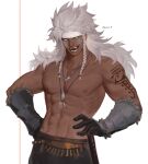  1boy :d absurdres bara braid cowboy_shot dark-skinned_male dark_skin facial_mark final_fantasy final_fantasy_xiv gloves headband highres hyur jewelry long_hair looking_at_viewer lyon_rem_helsos male_focus mature_male muscular muscular_male necklace old old_man sabbat_0 scar scar_on_face scar_on_nose side_braid smile tooth_necklace tribal white_background white_hair white_headband 