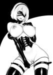  1girl 2b_(nier:automata) artist_name bare_shoulders belt blindfold bondage_outfit brassica breasts collarbone corset detached_collar elbow_gloves gloves hairband hand_on_own_chest highres large_breasts latex latex_collar latex_corset latex_gloves navel nier:automata nier_(series) nipples one_eye_covered open_mouth panties panty_pull pussy short_hair solo thigh_belt thigh_strap thighhighs tongue tongue_out underwear 