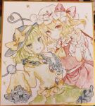  2girls absurdres ascot blonde_hair cowboy_shot flandre_scarlet green_eyes green_hair hat hat_ribbon heart highres komeiji_koishi mob_cap multiple_girls ribbon side_ponytail simple_background smile sorani_(kaeru0768) touhou traditional_media white_background yellow_ascot 