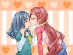  2girls aqua_shirt aqua_sleeves blue_hair blue_pants bow bowtie clenched_hands closed_eyes closed_mouth commentary_request cowboy_shot denim frilled_sleeves frills from_side hair_ornament hair_scrunchie hanasaki_tsubomi heart heart_background heartcatch_precure! jeans kiss kissing_nose kurumi_erika layered_sleeves leaning_forward light_blush long_hair long_sleeves low_twintails multiple_girls open_mouth orange_background pants pink_hair pink_shirt pink_sleeves pocket precure puffy_short_sleeves puffy_sleeves ryuuguu_umiushi scrunchie shirt short_over_long_sleeves short_sleeves simple_background smile striped_background twintails upper_body very_long_hair wavy_hair white_sleeves yellow_bow yellow_bowtie yellow_scrunchie yuri 