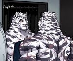  1boy animal_ears arknights bara blue563619 closet facial_hair furry furry_male goatee highres large_pectorals looking_at_mirror male_focus mirror mountain_(arknights) multiple_views muscular muscular_male nude pectorals reflection scar scar_across_eye scar_on_back short_hair signature thick_eyebrows tiger_boy tiger_ears translation_request upper_body white_hair 