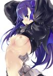  arched_back arms_behind_head arms_up bangs blue_bow blue_eyes blush bow breasts breasts_outside commentary_request dark_nipples eyebrows_visible_through_hair fate/grand_order fate_(series) from_side hair_bow kztk long_hair long_sleeves looking_at_viewer looking_to_the_side medium_breasts meltlilith navel nipples open_mouth purple_hair revealing_clothes shiny shiny_hair simple_background sleeves_past_wrists solo stomach tongue tongue_out upper_body very_long_hair white_background 