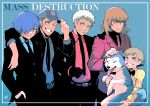  5boys adjusting_clothes adjusting_headwear amada_ken animal aragaki_shinjirou arm_around_shoulder baseball_cap belt belt_buckle black_bow black_bowtie black_gloves black_jacket black_necktie black_shirt blue_eyes blue_hair blue_shirt bow bowtie brown_hair buckle closed_mouth collared_shirt commentary cowboy_shot dog english_commentary facial_hair gloves greatdekutri grey_hair grin hair_over_one_eye hand_in_pocket hand_on_another&#039;s_shoulder hat headpat iori_junpei jacket koromaru_(persona) long_sleeves male_focus medium_hair multiple_boys necktie one_eye_closed open_clothes open_jacket parted_lips persona persona_3 persona_3_reload red_jacket red_necktie red_shirt sanada_akihiko shirt short_hair smile suit_jacket upper_body yellow_shirt yuuki_makoto_(persona_3) 