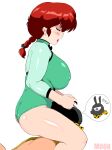  1boy 1girl absurdres ass black_hair blush braid breasts closed_eyes covered_nipples donguri2 face_in_crotch hibiki_ryouga highres huge_breasts open_mouth p-chan ranma-chan ranma_1/2 red_hair single_braid thighs 