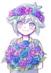  1boy basil_(headspace)_(omori) basil_(omori) blue_overalls blush bouquet closed_mouth colored_skin flower green_eyes green_hair green_shirt head_wreath holding holding_bouquet looking_at_viewer omori overalls salt_xs2 shirt short_hair short_sleeves smile solo white_skin 