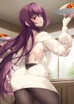  1girl absurdres ass back blush breasts fate/grand_order fate_(series) food highres large_breasts long_hair long_sleeves looking_at_another looking_at_viewer mukunokino_isshiki plate purple_hair red_eyes scathach_(fate) smile solo sweater thighs white_sweater 