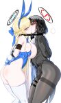  2girls absurdres animal_ears arms_behind_back ass asymmetrical_docking black_hair black_halo black_jacket black_pantyhose blonde_hair blue_archive blue_eyes blue_halo blue_leotard bound bound_arms braid breast_press breasts breasts_out cws1122uu fake_animal_ears fake_tail from_side hair_ornament hairclip halo highres jacket kiss large_breasts leaning_forward leotard long_hair looking_at_viewer looking_to_the_side multiple_girls pantyhose playboy_bunny rabbit_ears rabbit_tail red_eyes red_halo rio_(blue_archive) simple_background skindentation tail thighband_pantyhose thighhighs toki_(blue_archive) toki_(bunny)_(blue_archive) two-tone_halo very_long_hair white_background white_thighhighs yuri 