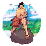  1boy abs bara black_hair cherry_blossoms clothes_down facial_hair falling_petals fighting_stance frown goatee highres japanese_clothes kimono kinemon large_pectorals looking_at_viewer male_focus manlymomo muscular muscular_male nipples one_piece open_clothes open_kimono pectorals petals ready_to_draw short_hair solo standing topknot topless_male uneven_eyes unfinished 